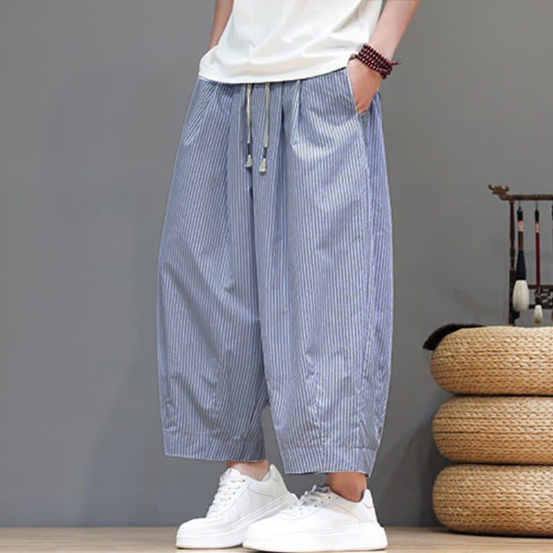 Buddha Stones Summer Casual Drawstring Striped Linen Capri Pants Men's Harem Pants With Pocket - image 5