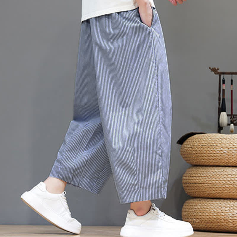Buddha Stones Summer Casual Drawstring Striped Linen Capri Pants Men's Harem Pants With Pocket - image 6