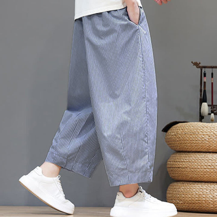 Buddha Stones Summer Casual Drawstring Striped Linen Capri Pants Men's Harem Pants With Pocket - image 6