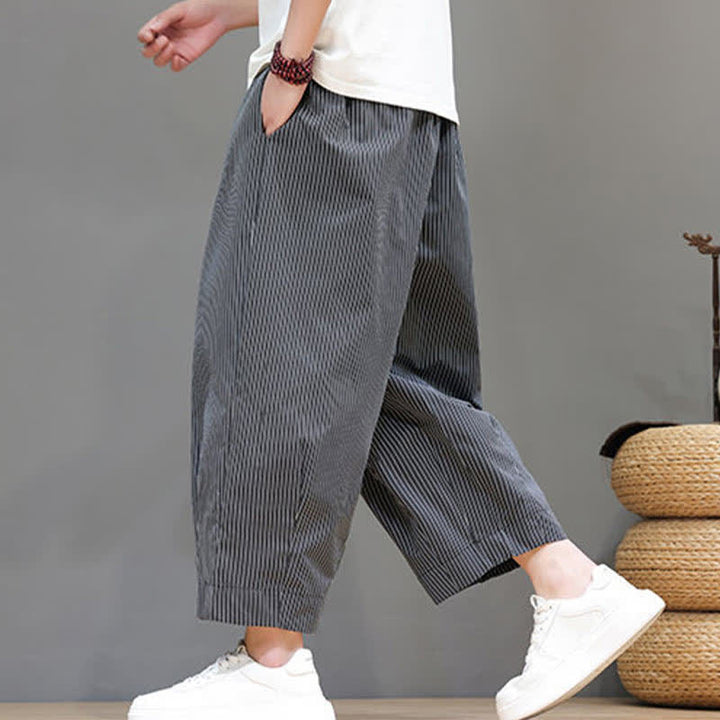 Buddha Stones Summer Casual Drawstring Striped Linen Capri Pants Men's Harem Pants With Pocket - image 40