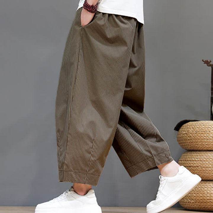 Buddha Stones Summer Casual Drawstring Striped Linen Capri Pants Men's Harem Pants With Pocket - image 28