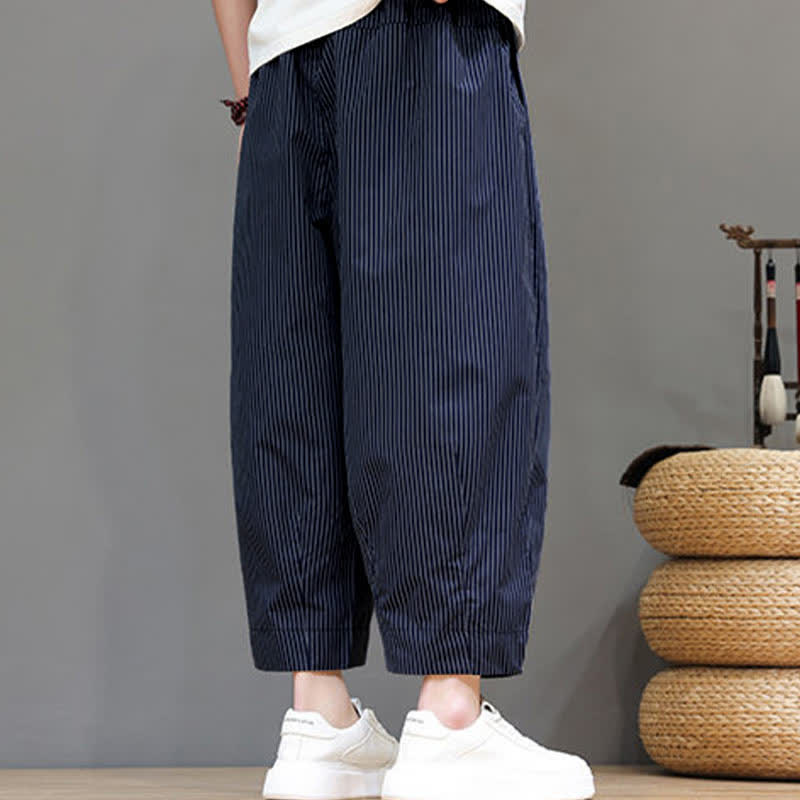 Buddha Stones Summer Casual Drawstring Striped Linen Capri Pants Men's Harem Pants With Pocket - image 19