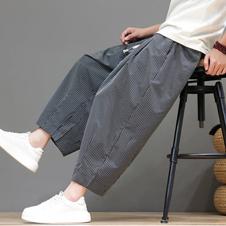 Buddha Stones Summer Casual Drawstring Striped Linen Capri Pants Men's Harem Pants With Pocket - Gray - US/UK/AU46, EU56 (5XL) - image 33