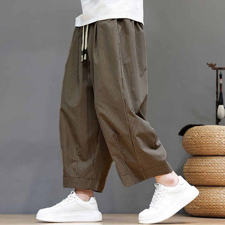 Buddha Stones Summer Casual Drawstring Striped Linen Capri Pants Men's Harem Pants With Pocket - image 25