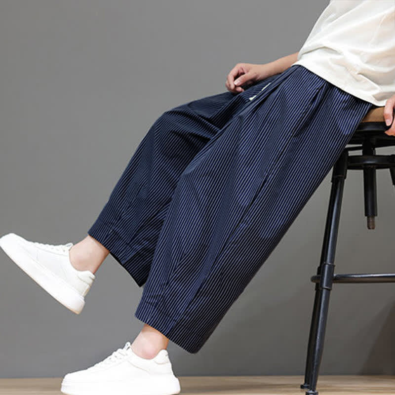 Buddha Stones Summer Casual Drawstring Striped Linen Capri Pants Men's Harem Pants With Pocket - DarkSlateBlue - US/UK/AU46, EU56 (5XL) - image 10