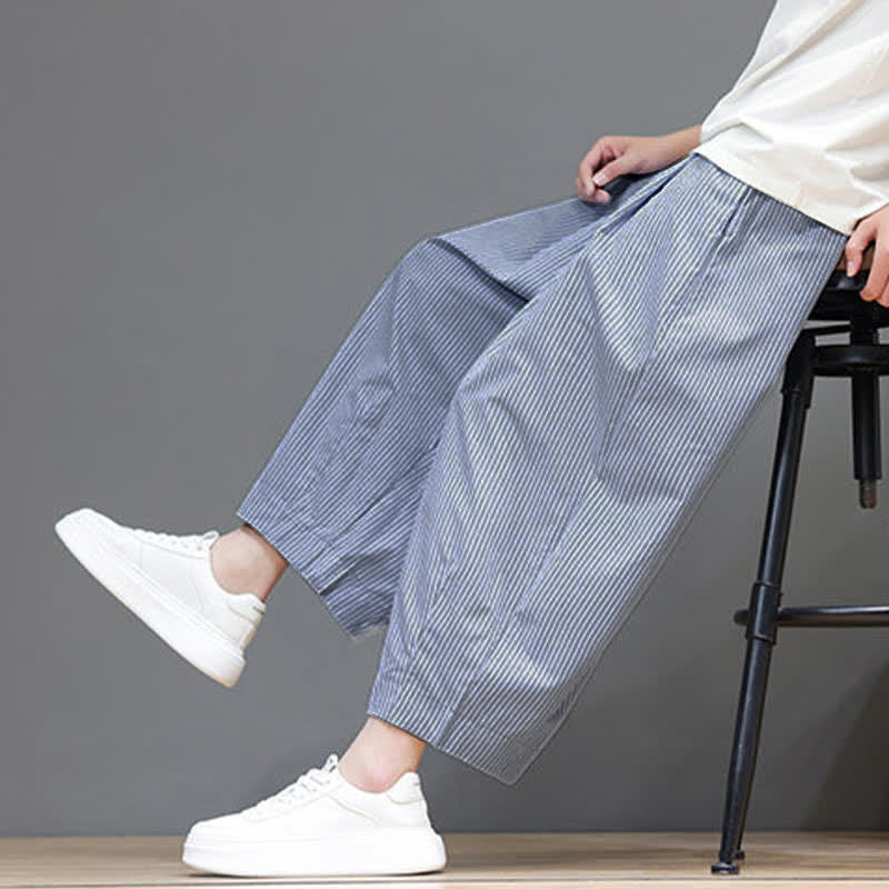 Buddha Stones Summer Casual Drawstring Striped Linen Capri Pants Men's Harem Pants With Pocket - AliceBlue - US/UK/AU46, EU56 (5XL) - image 0