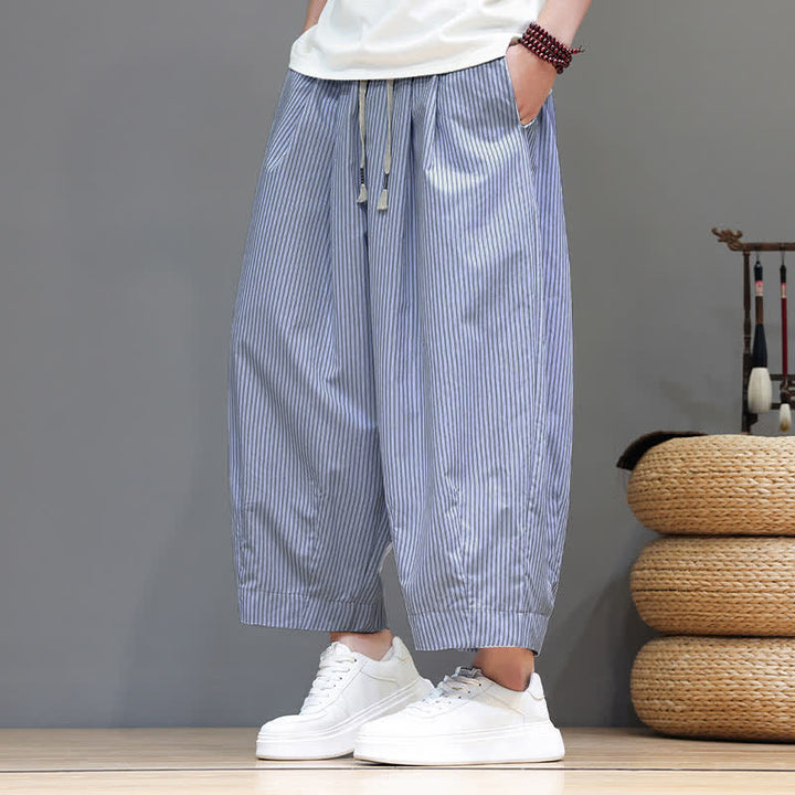 Buddha Stones Summer Casual Drawstring Striped Linen Capri Pants Men's Harem Pants With Pocket - image 2