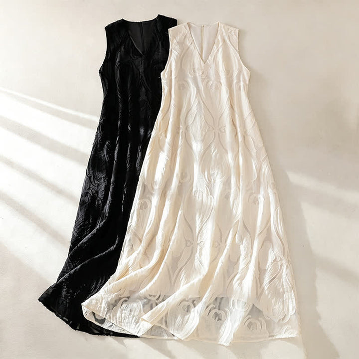 Buddha Stones Summer Elegant Casual Minimalist Lines Solid V-Neck Women's Summer Sleeveless Dress With Pockets - image 17