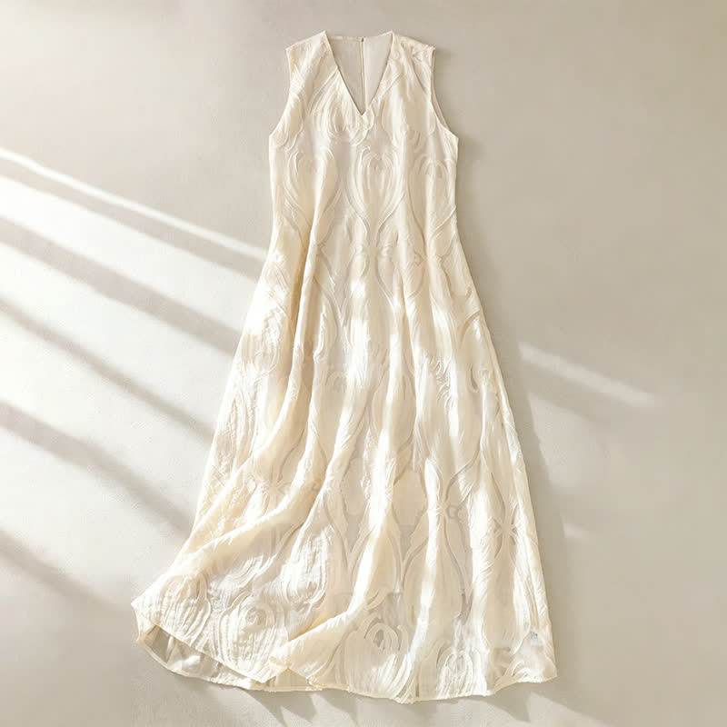 Buddha Stones Summer Elegant Casual Minimalist Lines Solid V-Neck Women's Summer Sleeveless Dress With Pockets - Beige - US12，UK/AU16，EU44 (2XL) - image 0