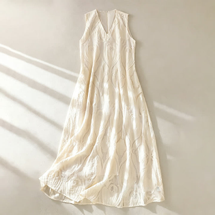 Buddha Stones Summer Elegant Casual Minimalist Lines Solid V-Neck Women's Summer Sleeveless Dress With Pockets - Beige - US12，UK/AU16，EU44 (2XL) - image 0