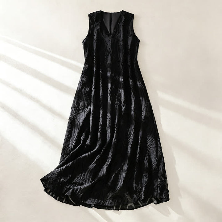 Buddha Stones Summer Elegant Casual Minimalist Lines Solid V-Neck Women's Summer Sleeveless Dress With Pockets - Black - US12，UK/AU16，EU44 (2XL) - image 11