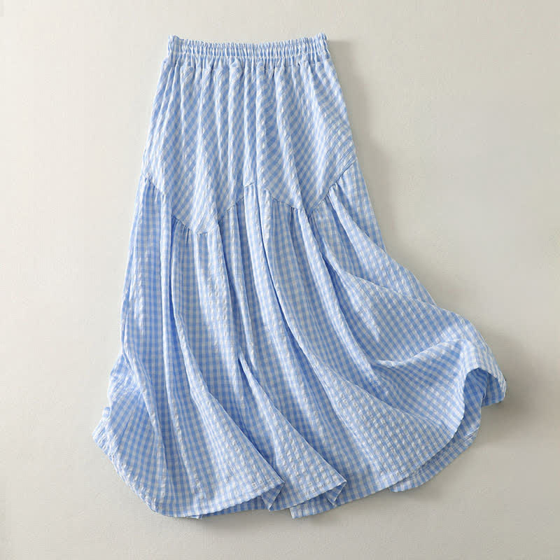 Buddha Stones Summer Casual Boho Blue Plaid Women's Skirts - PowderBlue - US8-10, UK/AU12-14, EU40-42 (2XL) - image 0
