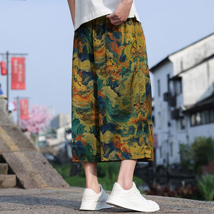 Buddha Stones Summer Vintage Casual Drawstring Crane Print Men's Cropped Pants With Pocket - image 4