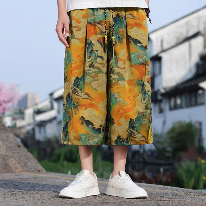 Buddha Stones Summer Vintage Casual Drawstring Crane Print Men's Cropped Pants With Pocket - image 14