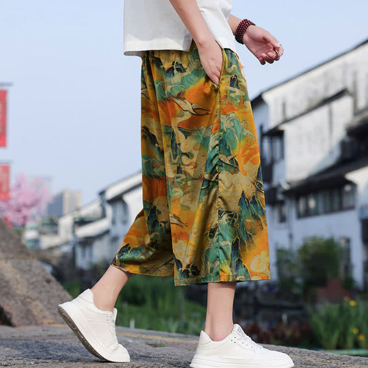 Buddha Stones Summer Vintage Casual Drawstring Crane Print Men's Cropped Pants With Pocket - image 15