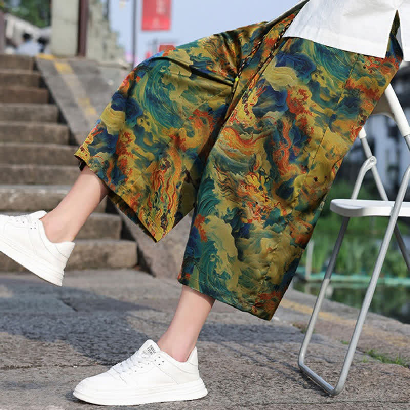 Buddha Stones Summer Vintage Casual Drawstring Crane Print Men's Cropped Pants With Pocket - image 5