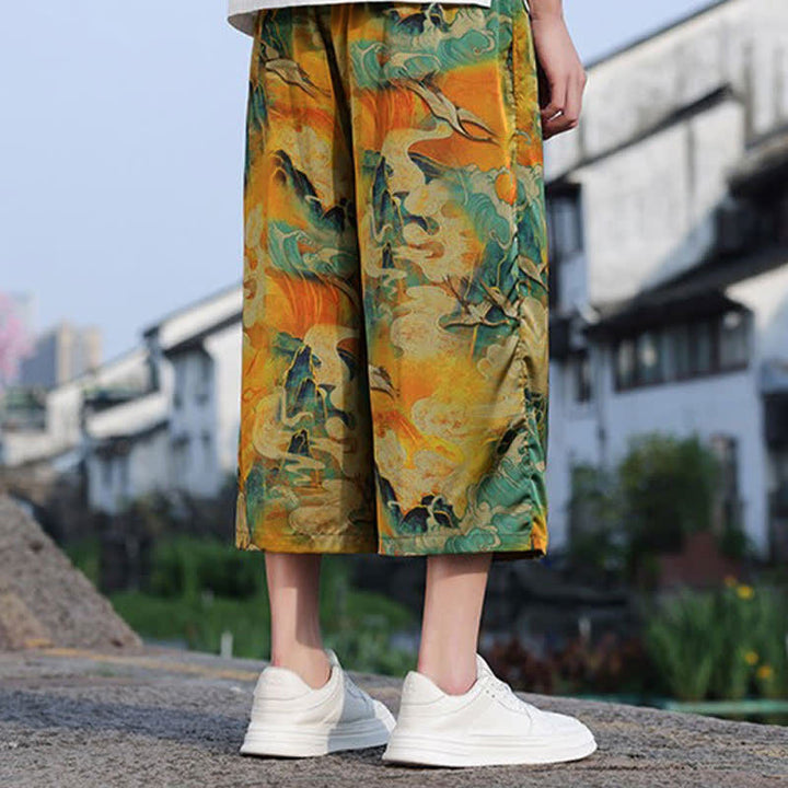 Buddha Stones Summer Vintage Casual Drawstring Crane Print Men's Cropped Pants With Pocket - image 7