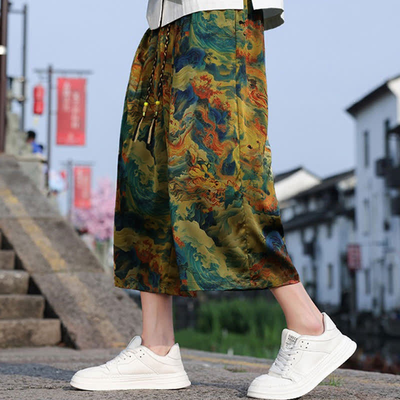 Buddha Stones Summer Vintage Casual Drawstring Crane Print Men's Cropped Pants With Pocket - image 3