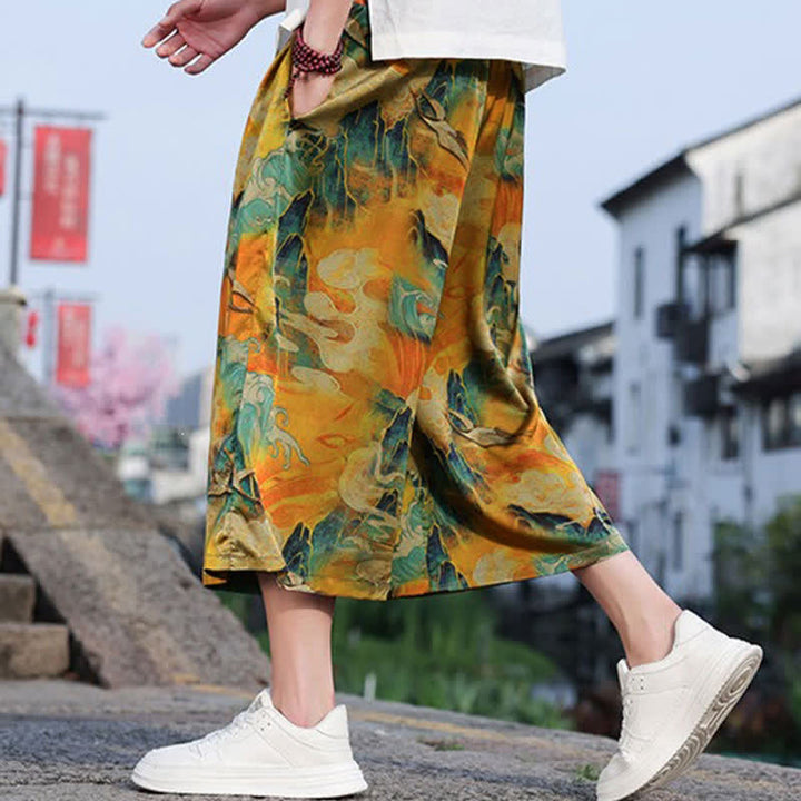Buddha Stones Summer Vintage Casual Drawstring Crane Print Men's Cropped Pants With Pocket - image 13