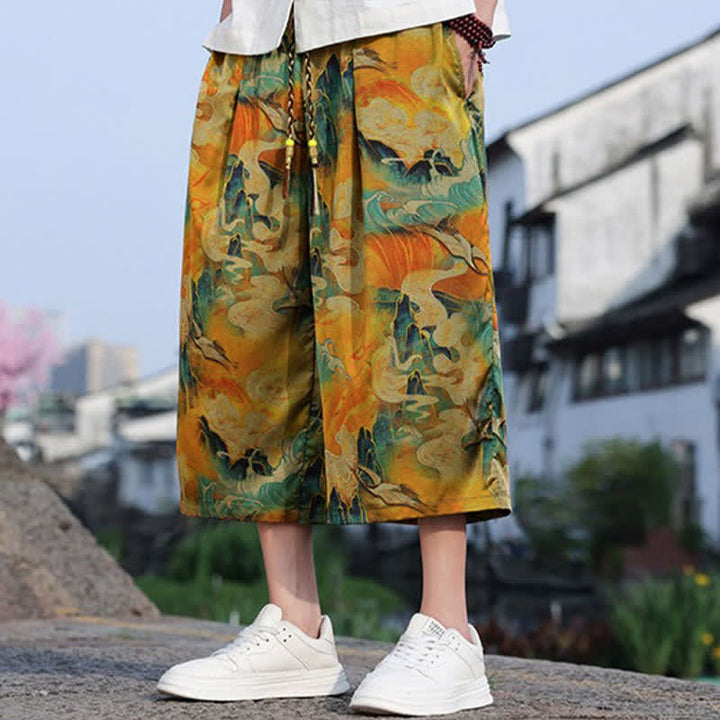 Buddha Stones Summer Vintage Casual Drawstring Crane Print Men's Cropped Pants With Pocket - image 10