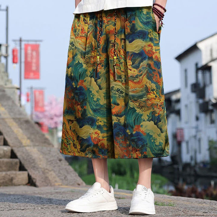 Buddha Stones Summer Vintage Casual Drawstring Crane Print Men's Cropped Pants With Pocket - image 1