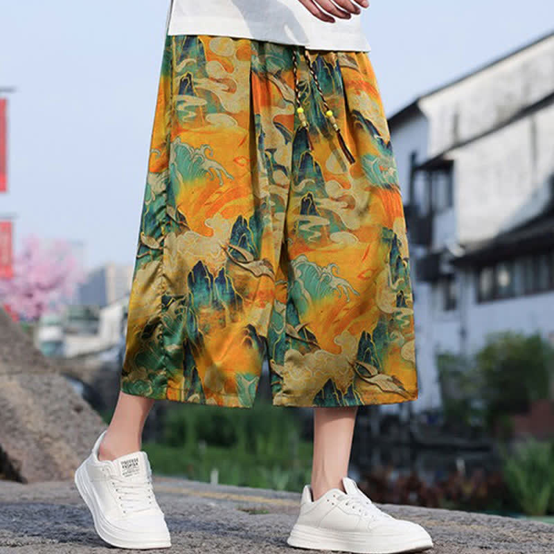 Buddha Stones Summer Vintage Casual Drawstring Crane Print Men's Cropped Pants With Pocket - image 12