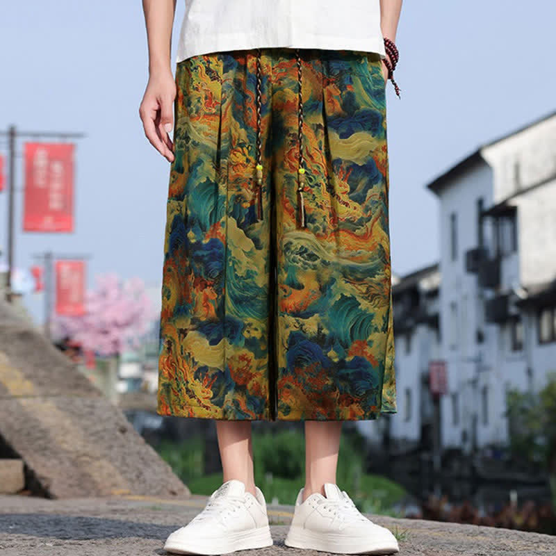 Buddha Stones Summer Vintage Casual Drawstring Crane Print Men's Cropped Pants With Pocket - DarkTurquoise - US/UK/AU48, EU58 (5XL) - image 0