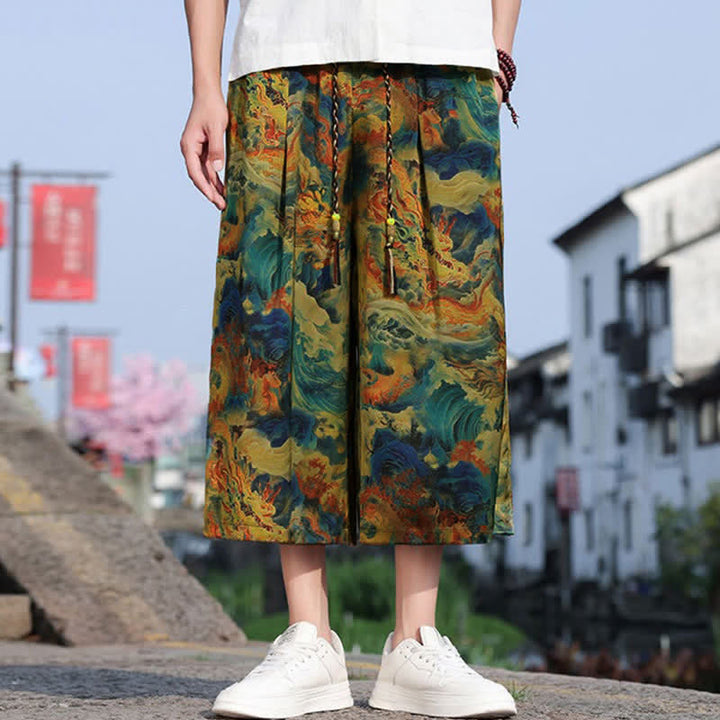 Buddha Stones Summer Vintage Casual Drawstring Crane Print Men's Cropped Pants With Pocket - DarkTurquoise - US/UK/AU48, EU58 (5XL) - image 0