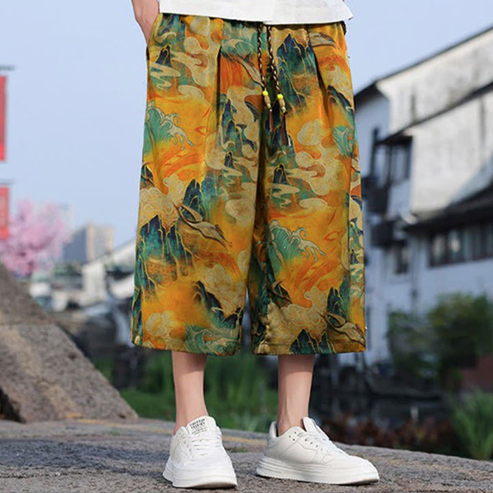 Buddha Stones Summer Vintage Casual Drawstring Crane Print Men's Cropped Pants With Pocket - image 8