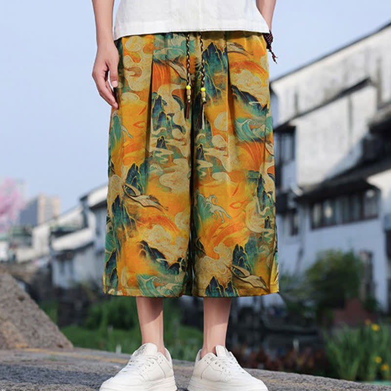Buddha Stones Summer Vintage Casual Drawstring Crane Print Men's Cropped Pants With Pocket - Peru - US/UK/AU48, EU58 (5XL) - image 6