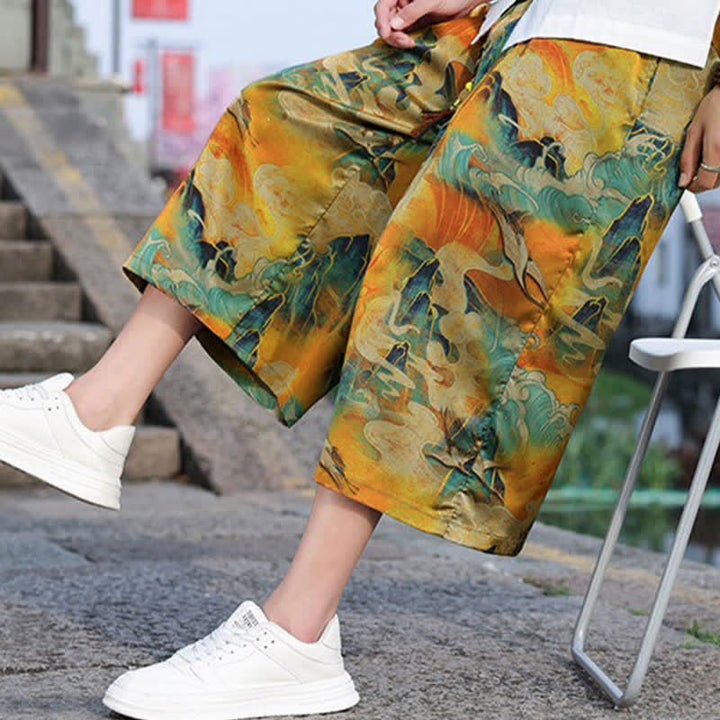 Buddha Stones Summer Vintage Casual Drawstring Crane Print Men's Cropped Pants With Pocket - image 9