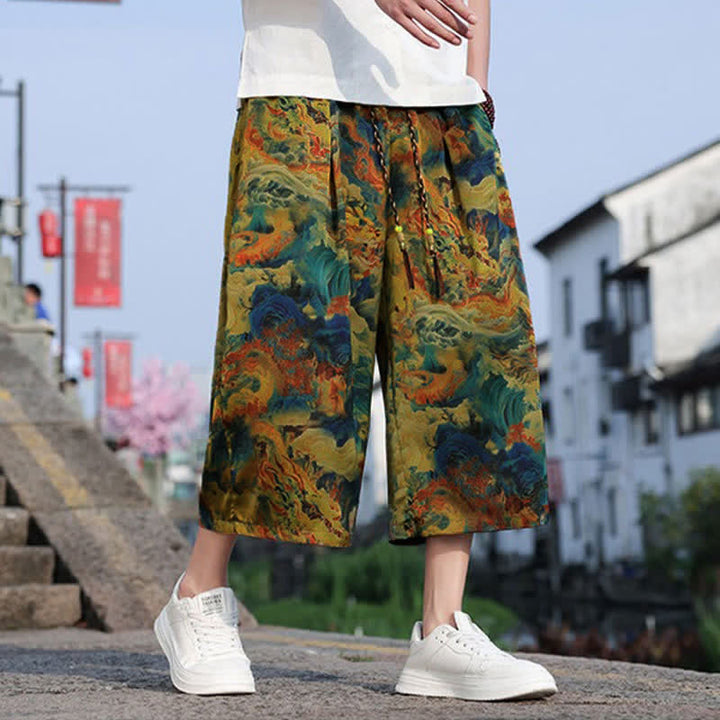 Buddha Stones Summer Vintage Casual Drawstring Crane Print Men's Cropped Pants With Pocket - image 2