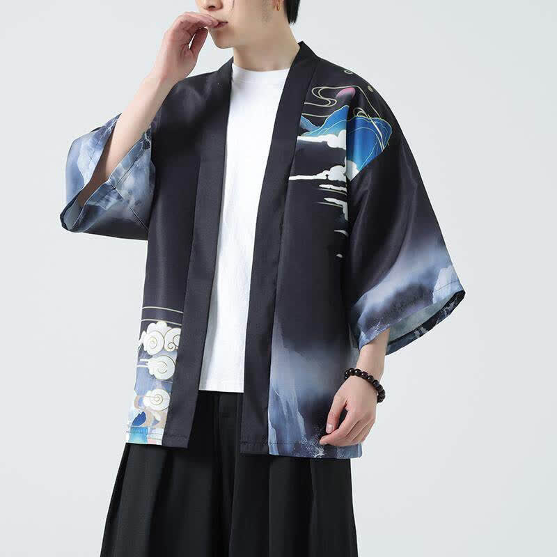 Buddha Stones Summer Casual Vintage Crane Print Men's Kimonos - image 1