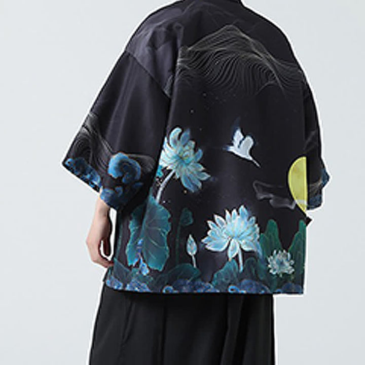 Buddha Stones Summer Casual Vintage Crane Print Men's Kimonos - image 29