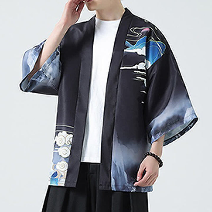 Buddha Stones Summer Casual Vintage Crane Print Men's Kimonos - image 9