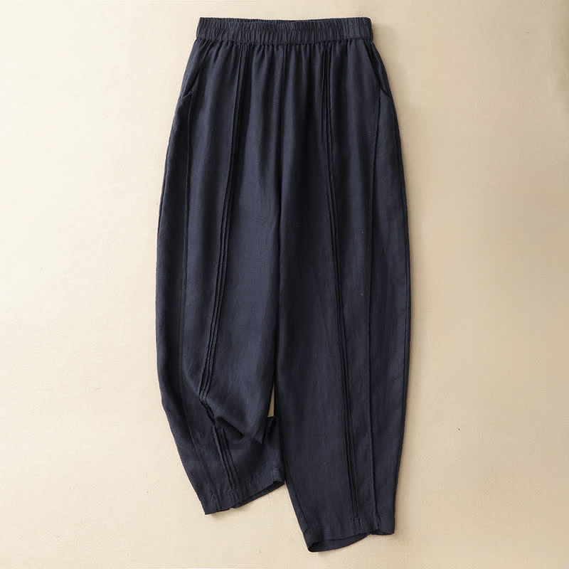 Buddha Stones Summer Casual Minimalist Solid Cropped Pants Vertical Seam Women's Harem Pants With Pockets - Navy - US8-10, UK/AU12-14, EU40-42 (2XL) - image 10