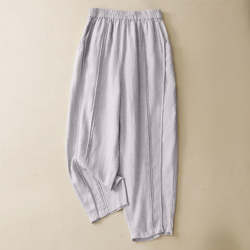 Buddha Stones Summer Casual Minimalist Solid Cropped Pants Vertical Seam Women's Harem Pants With Pockets - Linen - US8-10, UK/AU12-14, EU40-42 (2XL) - image 0