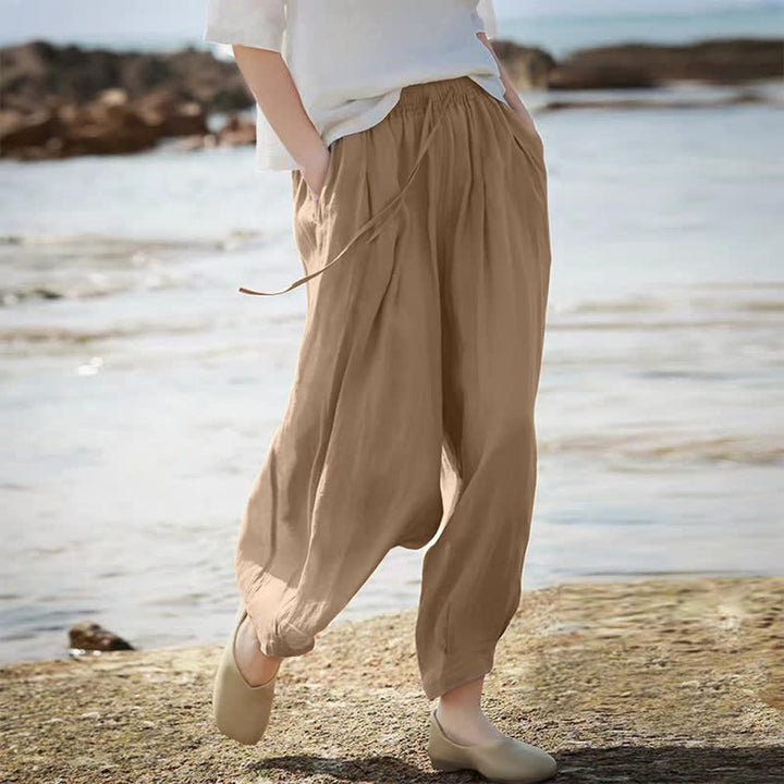 Buddha Stones Summer Casual Boho Drawstring Solid Capri Pants Women's Wide Leg Pants With Pockets - image 6