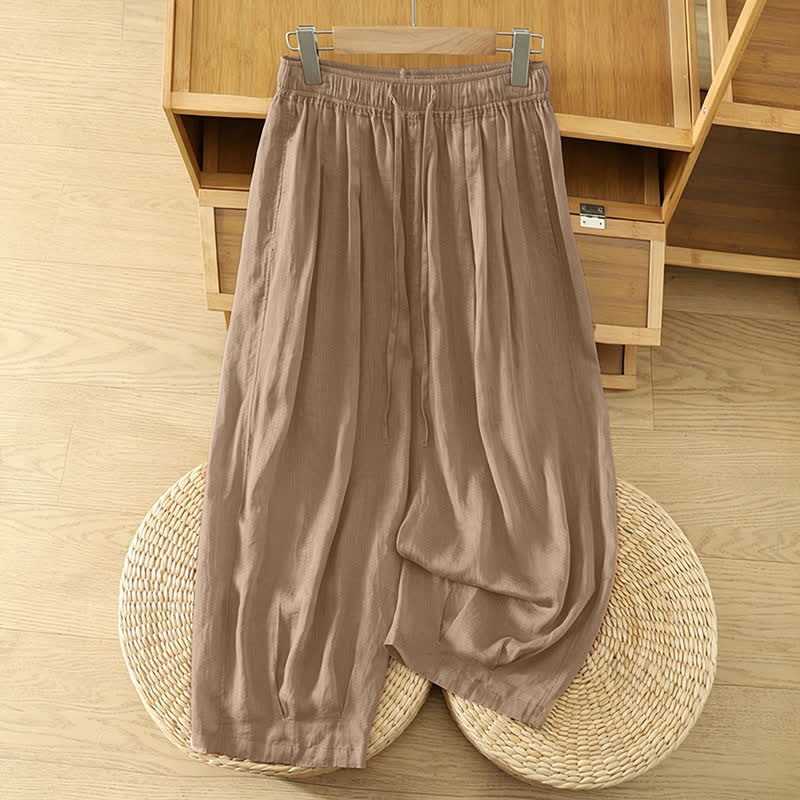 Buddha Stones Summer Casual Boho Drawstring Solid Capri Pants Women's Wide Leg Pants With Pockets - Tan - US8-10, UK/AU12-14, EU40-42 (2XL) - image 0