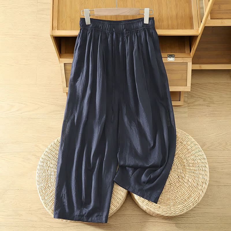 Buddha Stones Summer Casual Boho Drawstring Solid Capri Pants Women's Wide Leg Pants With Pockets - Navy - US8-10, UK/AU12-14, EU40-42 (2XL) - image 10