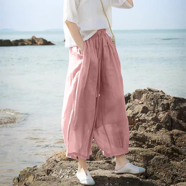Buddha Stones Summer Casual Boho Drawstring Solid Capri Pants Women's Wide Leg Pants With Pockets - image 30