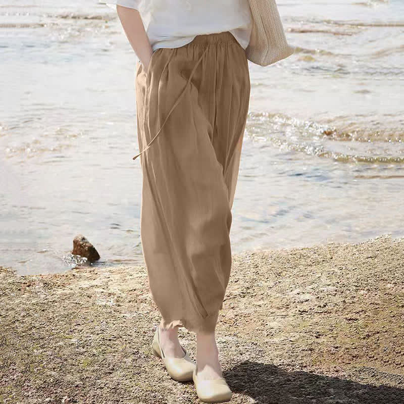 Buddha Stones Summer Casual Boho Drawstring Solid Capri Pants Women's Wide Leg Pants With Pockets - image 7
