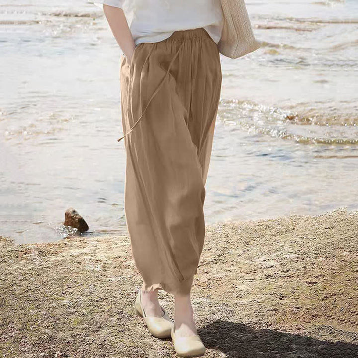 Buddha Stones Summer Casual Boho Drawstring Solid Capri Pants Women's Wide Leg Pants With Pockets - image 7