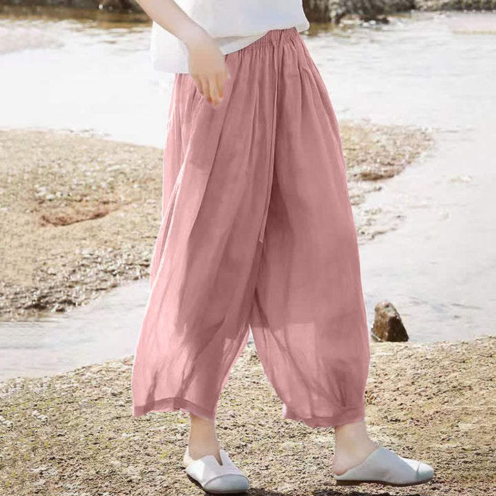 Buddha Stones Summer Casual Boho Drawstring Solid Capri Pants Women's Wide Leg Pants With Pockets - image 32