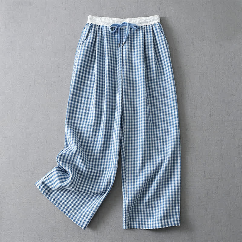 Buddha Stones Summer Casual Drawstring Plaid Ankle Pants Women's Straight Leg Pants With Pocket - LightBlue - US8-10, UK/AU12-14, EU40-42 (2XL) - image 0