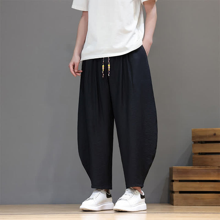 Buddha Stones Summer Casual Minimalist Drawstring Solid Cropped Pants Men's Harem Pants With Pocket - Black - US/UK/AU46, EU56 (5XL) - image 8