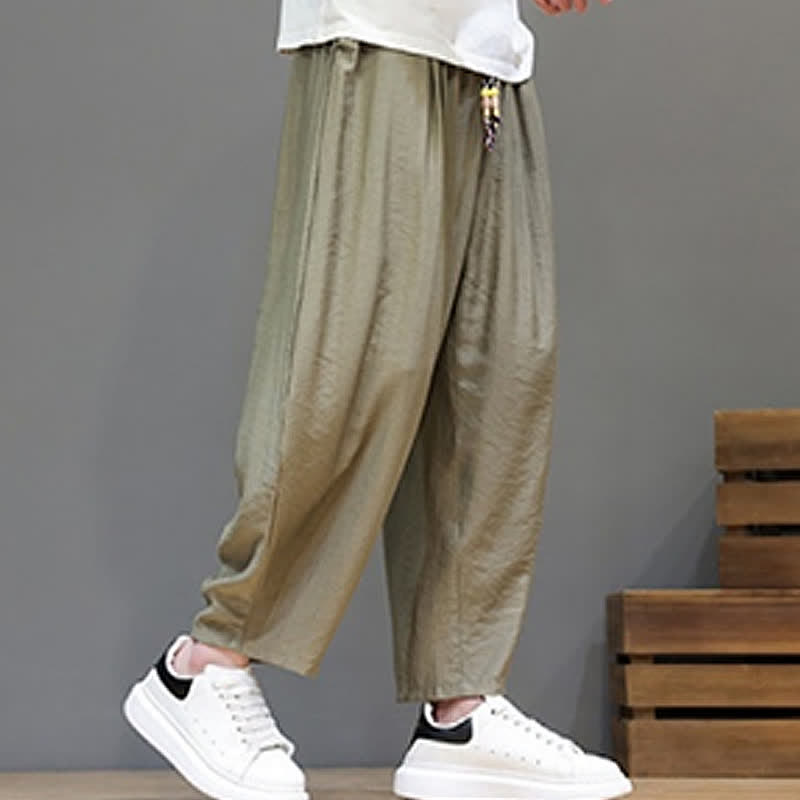 Buddha Stones Summer Casual Minimalist Drawstring Solid Cropped Pants Men's Harem Pants With Pocket - image 23