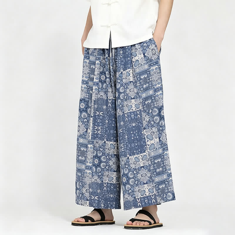 Buddha Stones Summer Boho Casual Drawstring Floral Capri Pants Men's Wide Leg Pants With Pocket - image 5