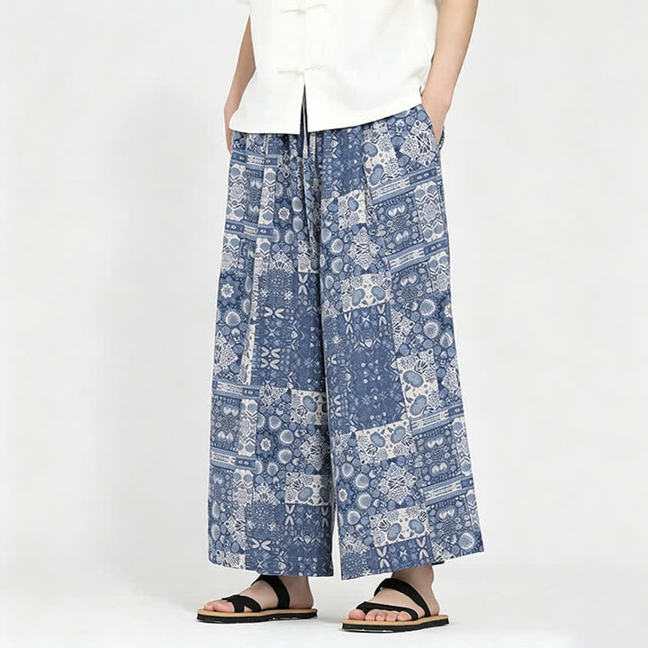 Buddha Stones Summer Boho Casual Drawstring Floral Capri Pants Men's Wide Leg Pants With Pocket - image 5