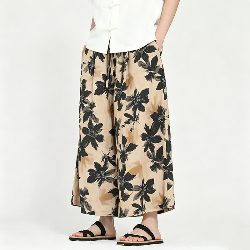 Buddha Stones Summer Boho Casual Drawstring Floral Capri Pants Men's Wide Leg Pants With Pocket - Khaki - US/UK/AU48, EU58 (5XL) - image 13